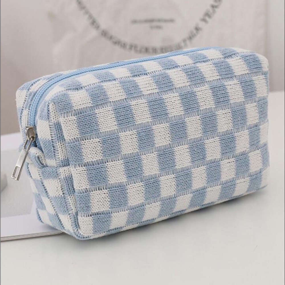 Blue Checkered Makeup Pouch